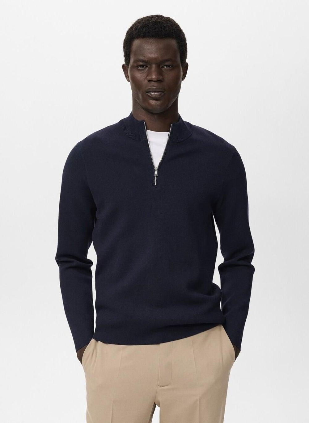 Navy Perkins Zip Neck Fine-Knit Sweater 17015974 - Image 1