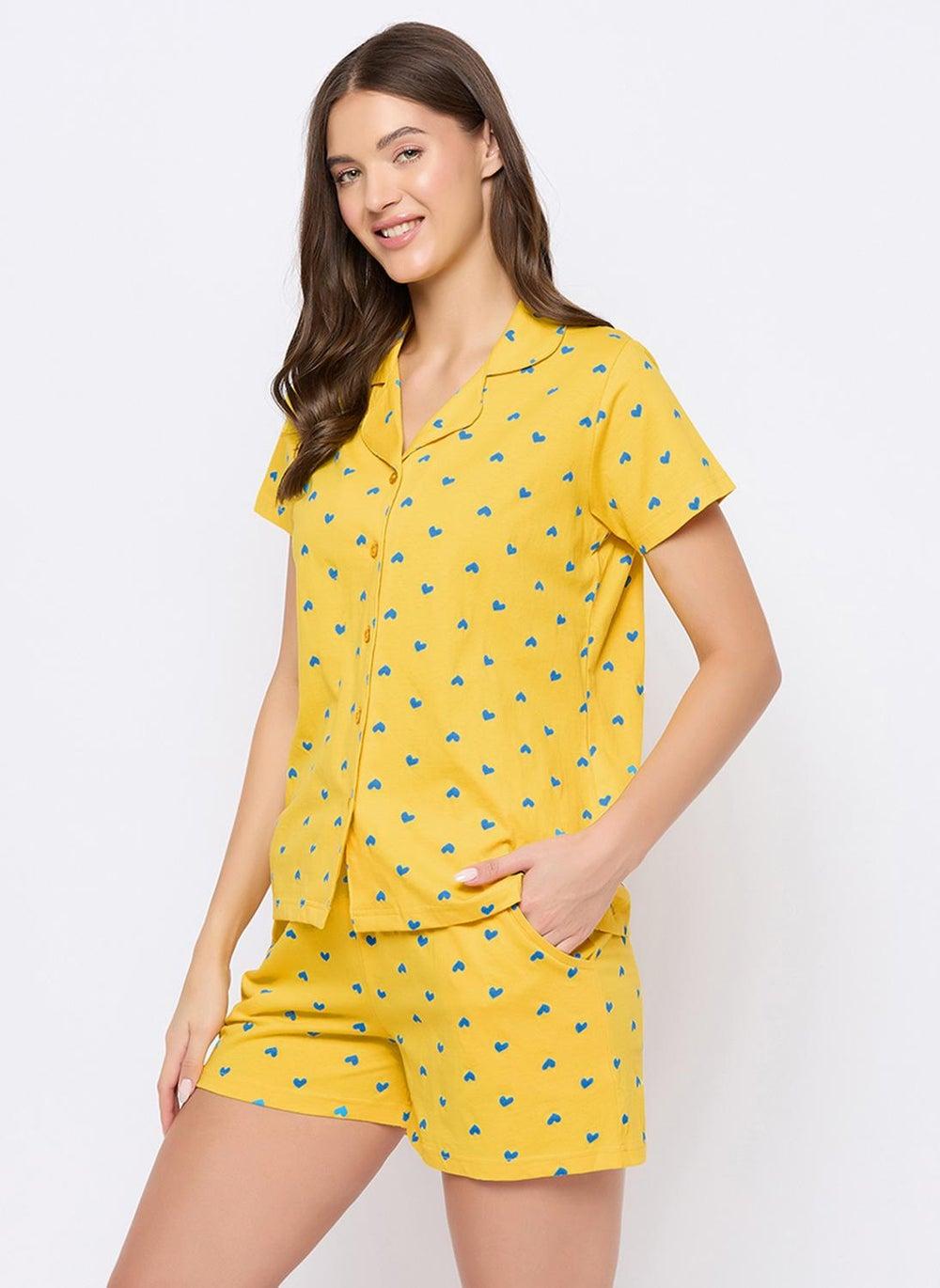 Clovia LS0094E02 Heart Print Cotton Shirt & Shorts Set - Image 1