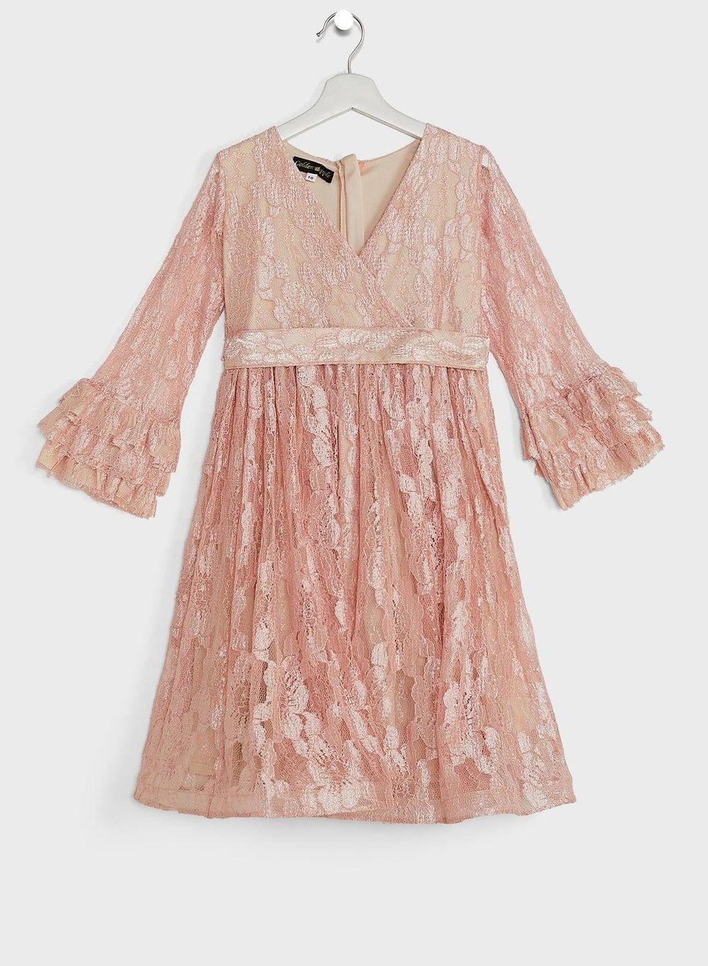 Girls Floral Lace V-Neck A-Line Festive Dress - Image 1
