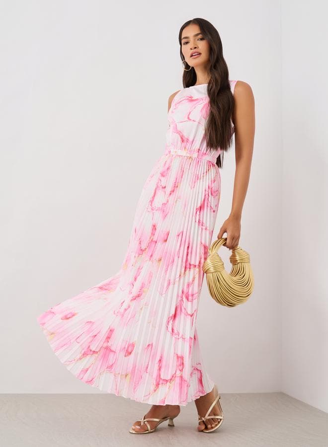 Floral Pleated A-Line Maxi Dress Pink Marble - Image 1