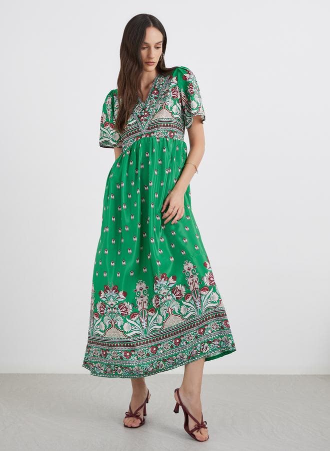 Emerald All-Over Print V Neck A-Line Maxi Dress - Image 1