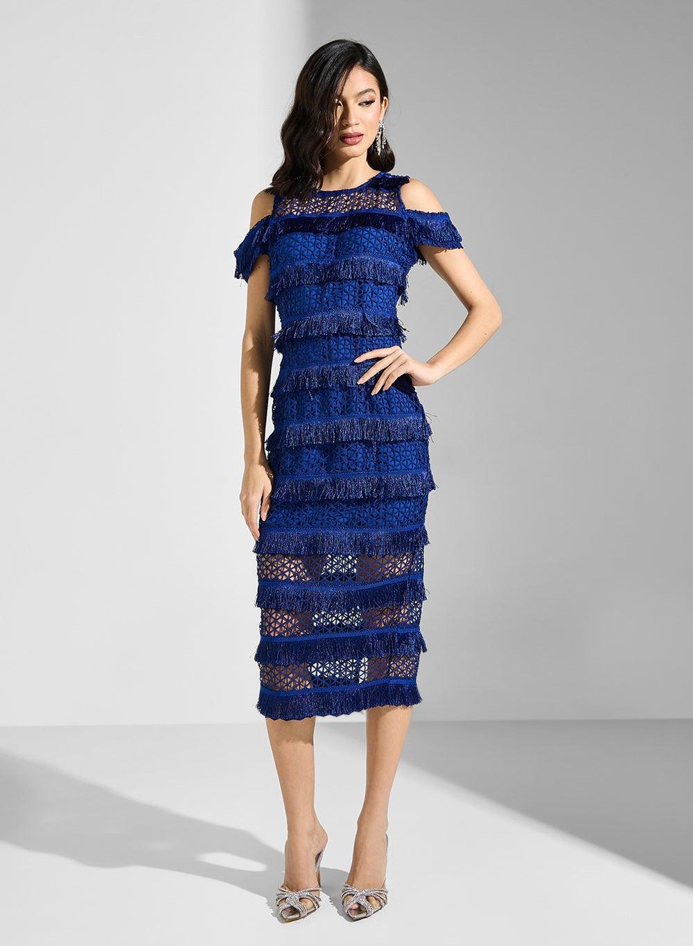 Royal Blue Woven Bardot Asymmetric Midi Dress - Image 1
