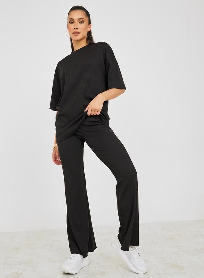 Ribbed Oversized T-Shirt & Flared Trouser Co-Ord Set - Image 1