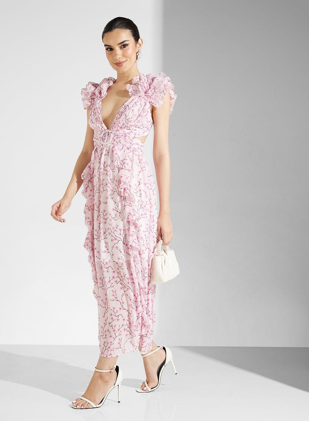 Floral Ruffle Maxi Dress Yh 0330A Pink - Image 1