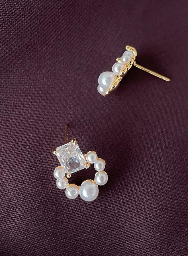Take Two Gold Faux Pearl Square Stud Earrings - Image 1