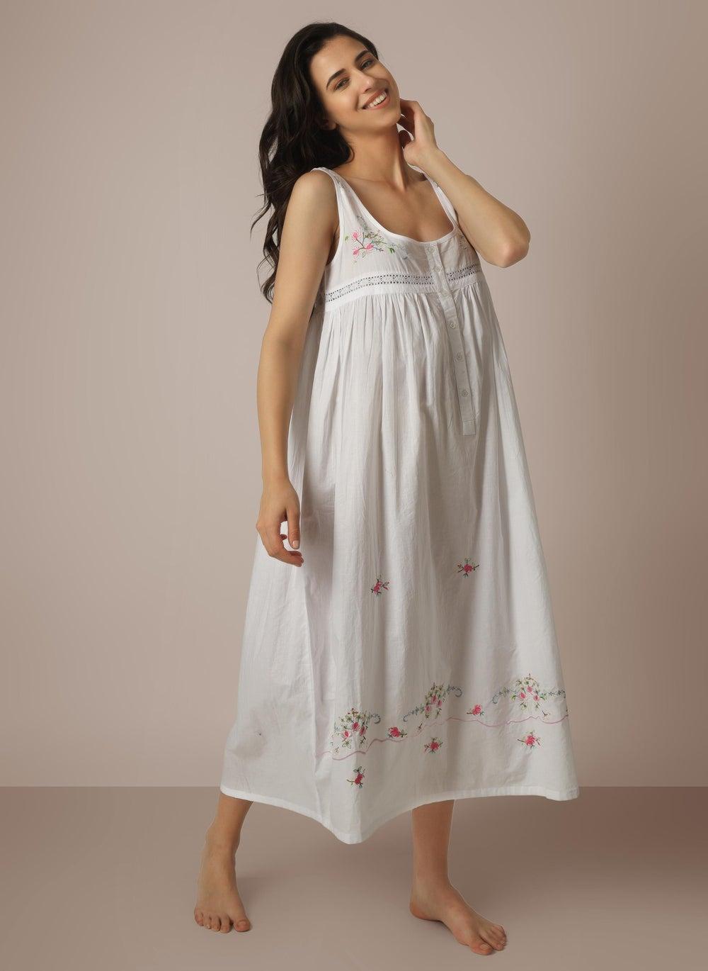 Maria Embroidered Cotton Nighty with Lace Back Detail - Image 1