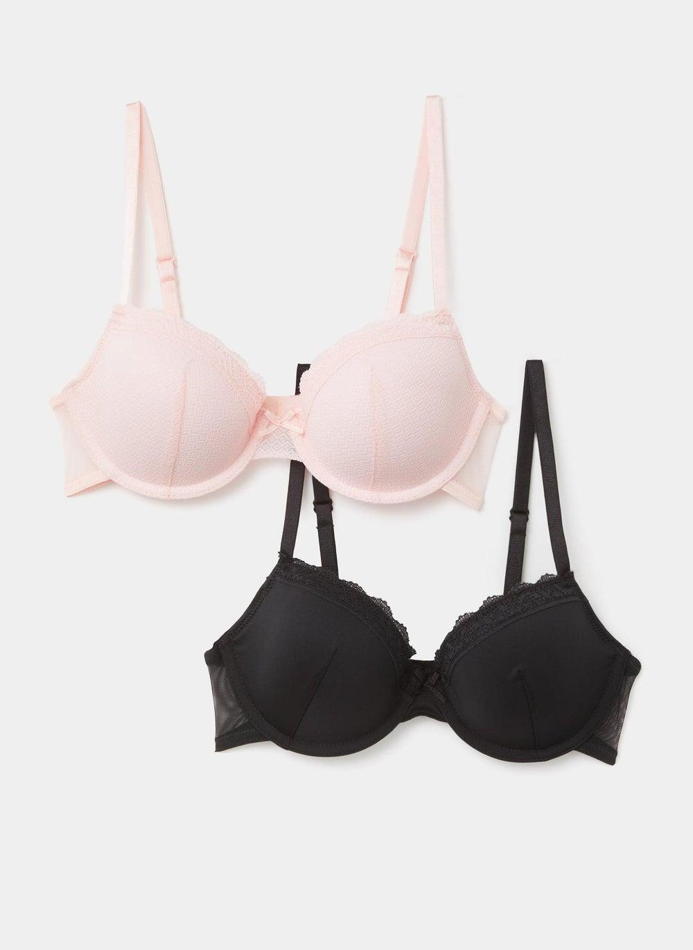 2 Pack Lace Trim T-Shirt Bras Pink & Black - Image 1
