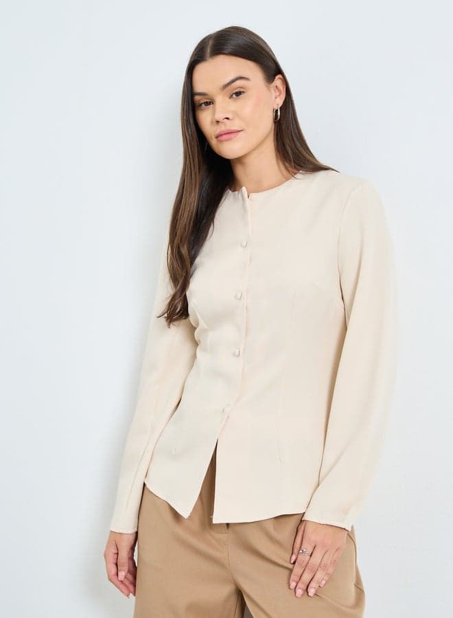 Styli Cream Solid Button-Down Long Sleeve Blouse - Image 1