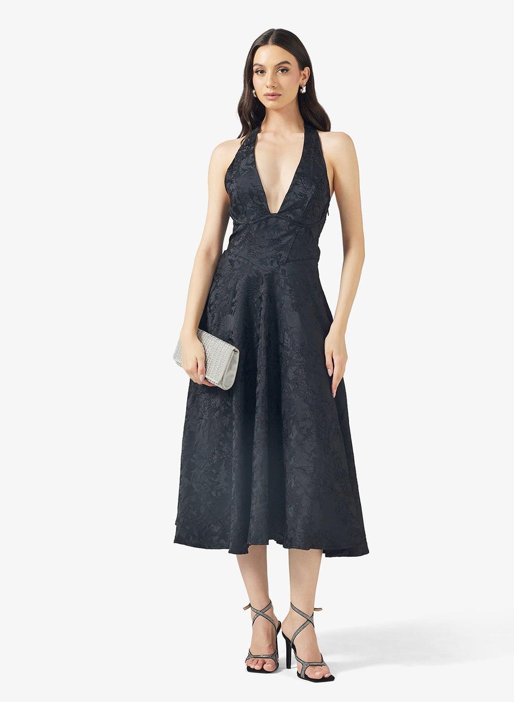 Klhu39 Black Halter Neck Midi Fit & Flare Dress - Image 1