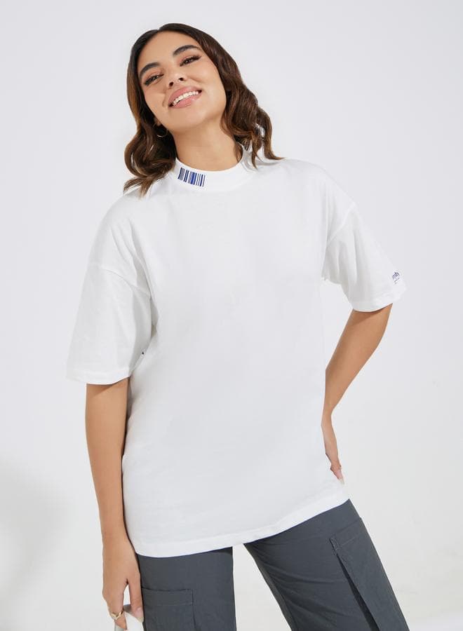 White Oversized Slogan T-Shirt High-Low Hem 7008871424 - Image 1
