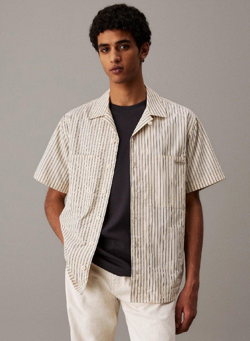Cotton Poplin Short Sleeve Shirt Turtledove Stripe - Image 1