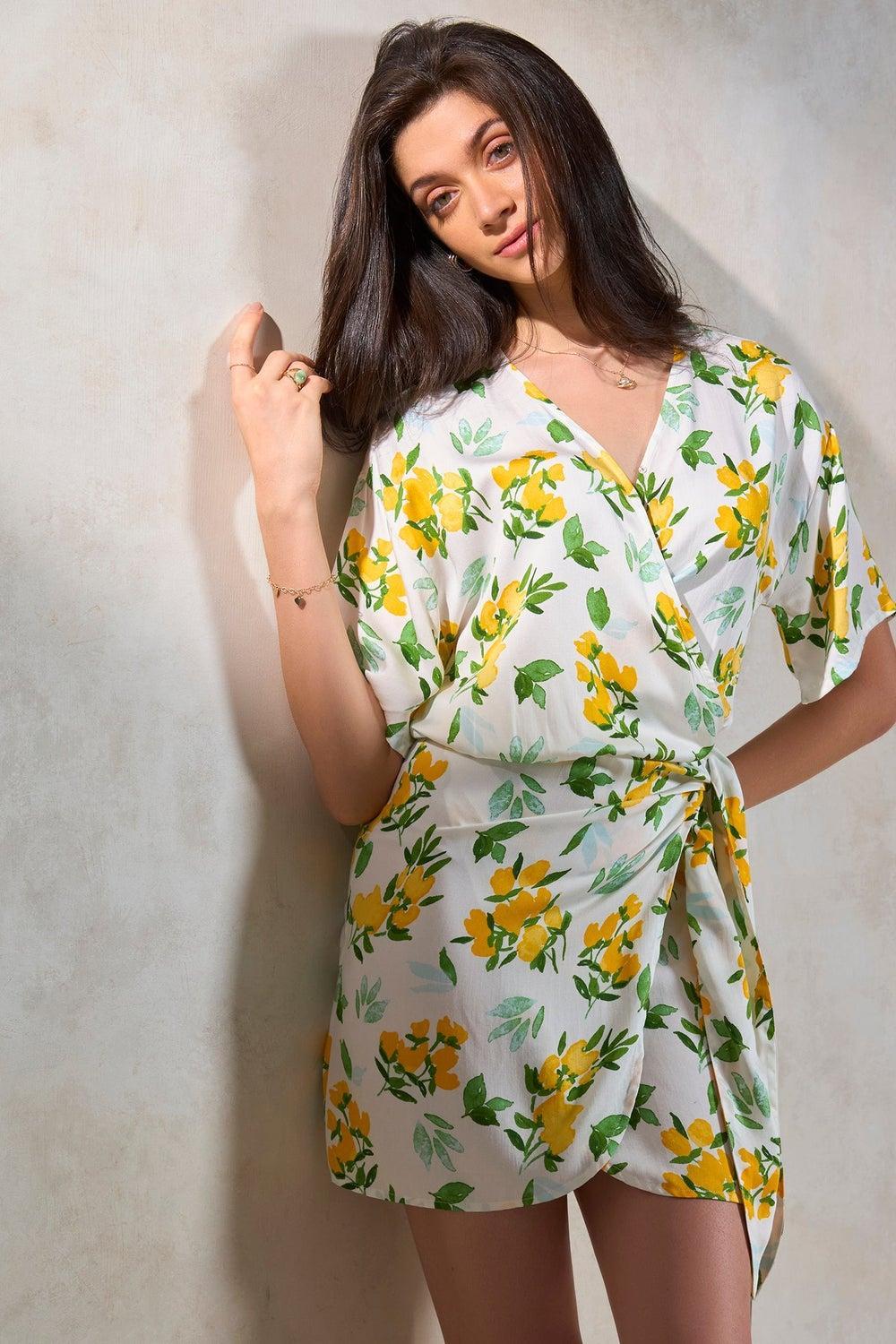 62044200 White Yellow Floral Wrap Mini Dress - Image 1