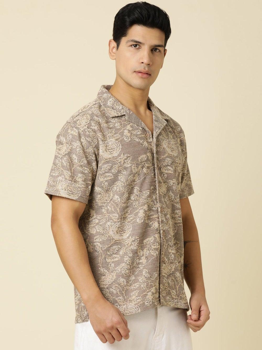 JOVEN Brown Printed Dobby Oversized Casual Shirt - Image 1