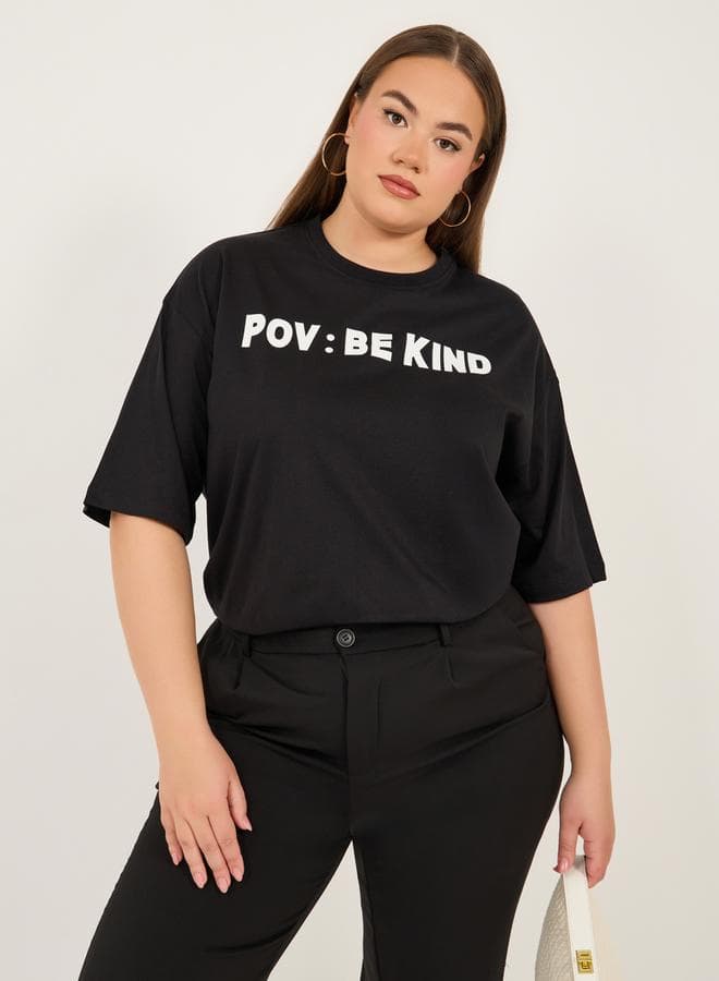 Plus Size Slogan Print Black Oversized T-Shirt 7009358901 - Image 1
