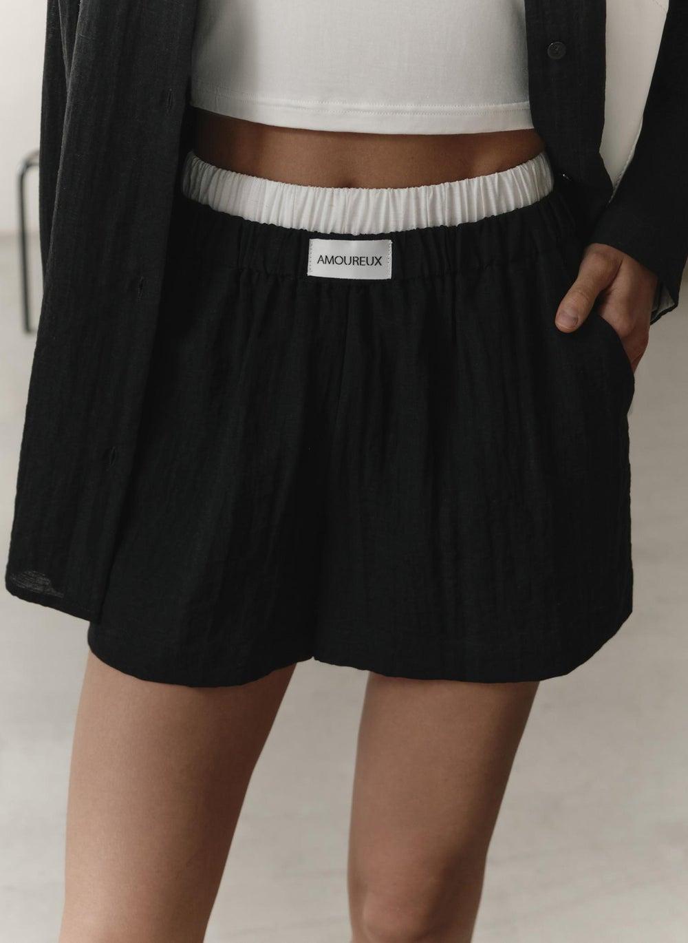 Black Linen Blend Mini Shorts with Contrast Waistband - Image 1