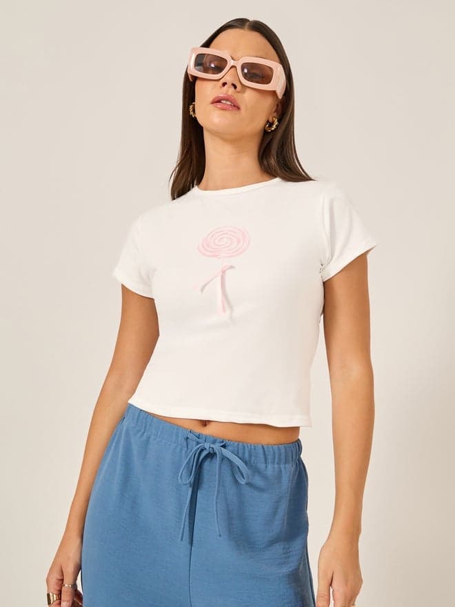 Pink Graphic Ribbon Detail Cropped Fitted T-Shirt - Image 1