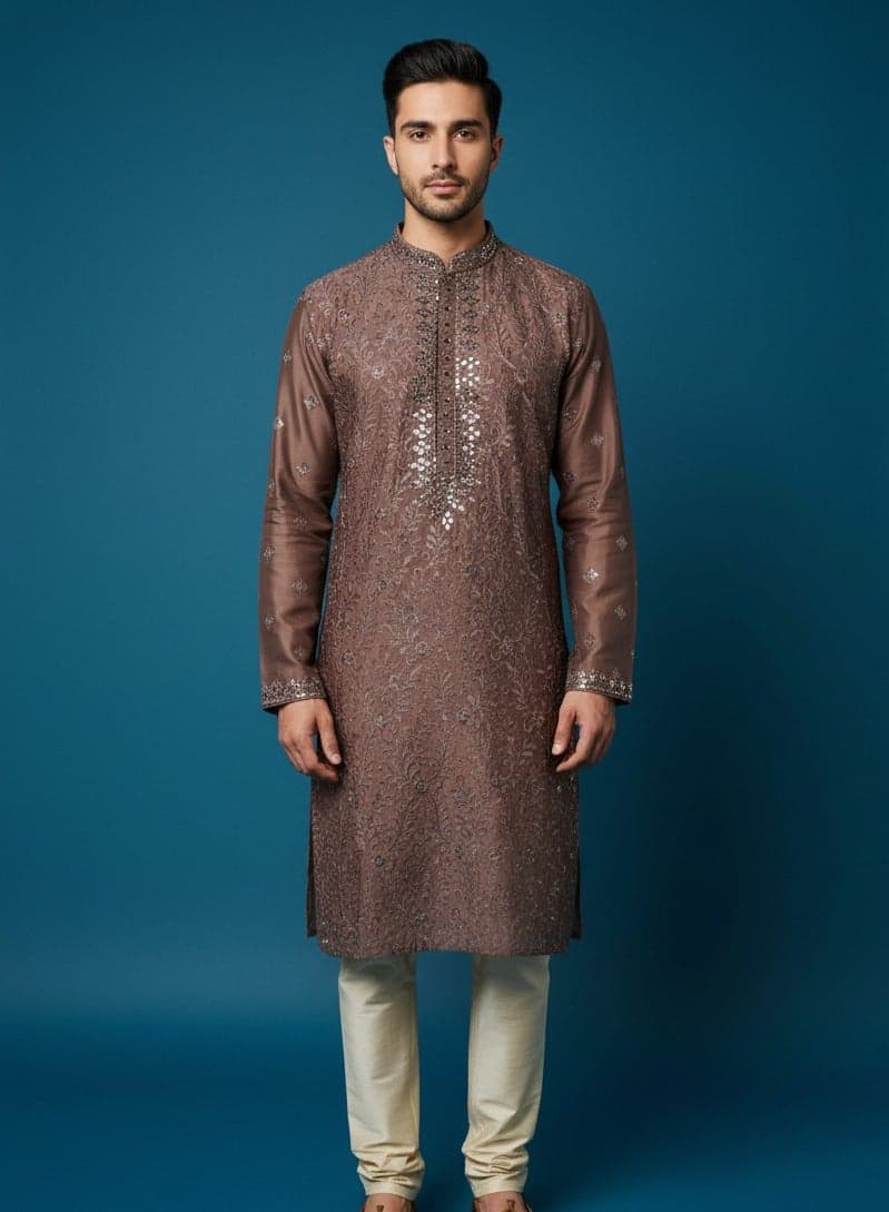 Brown Sequin Embroidered Kurta Set for Men - Image 1