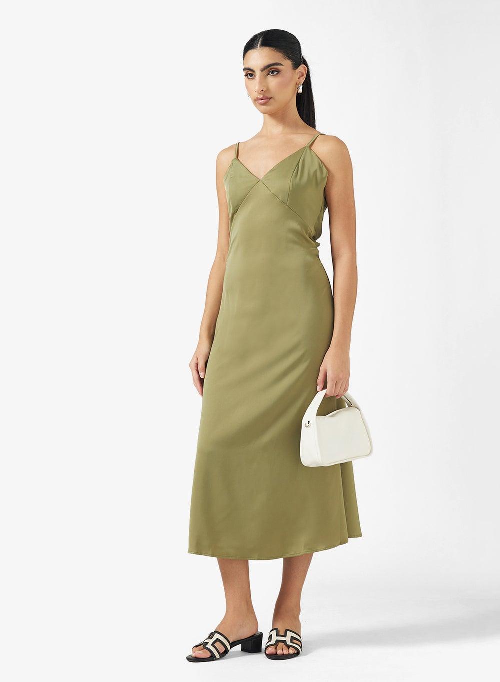 Olive Green Midi Slip Dress with Back Tie Detail - Image 1