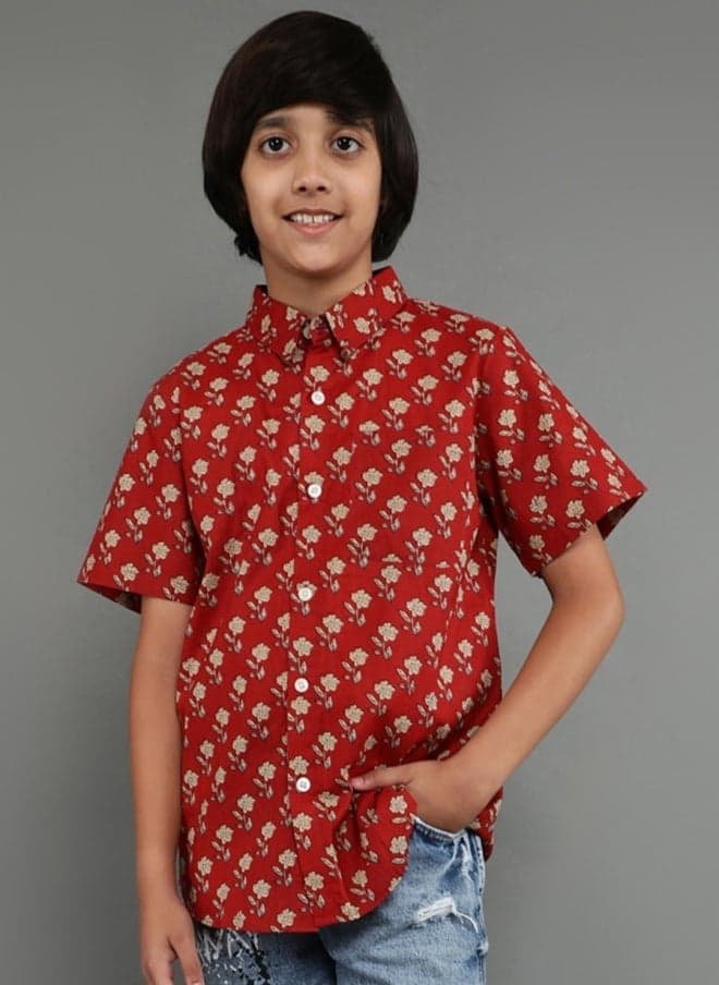 Rust Polka Dot Cotton Casual Shirt for Boys - Image 1