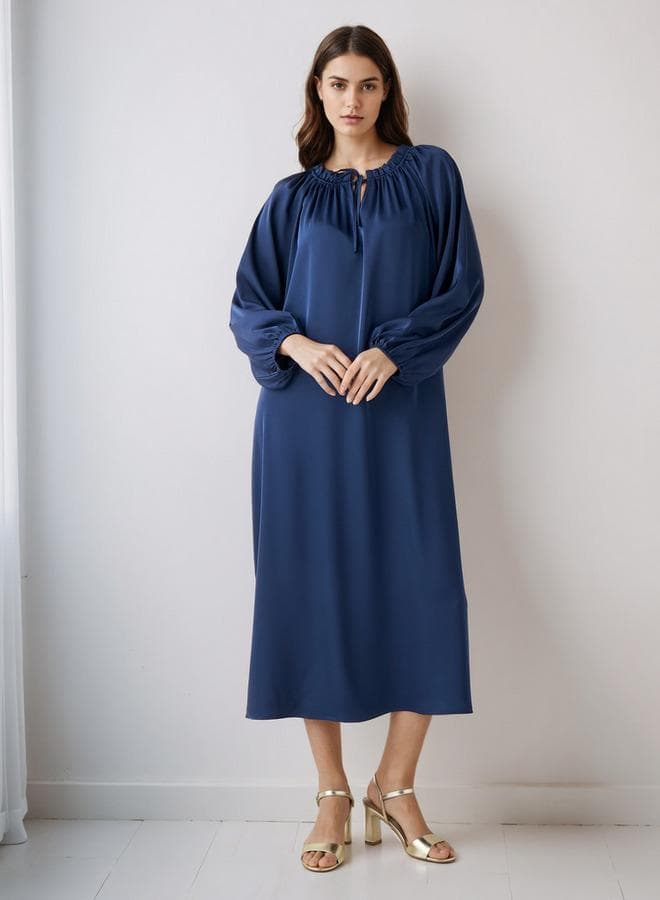 Blue Shift Midi Dress with Elegant Tie-Ups - Image 1