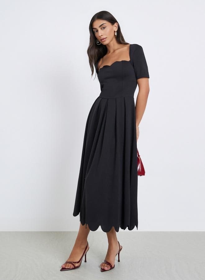 Styli Black A-Line Midi Dress with Scalloped Hem - Image 1