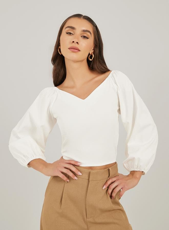 White Puff Sleeve V-Neck Cropped Top 7012186436 - Image 1