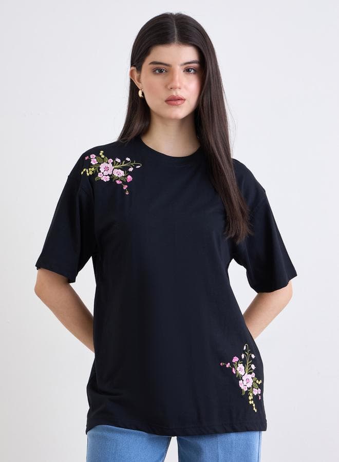 Styli Black Floral Embroidered Oversized Cotton T-Shirt - Image 1