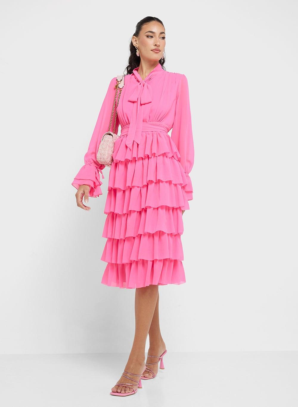Bright Pink Tiered Chiffon Midi Dress 104 176 - Image 1