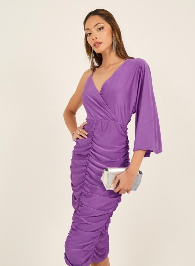Ruched One-Sleeve Purple Bodycon Midi Dress - Image 1