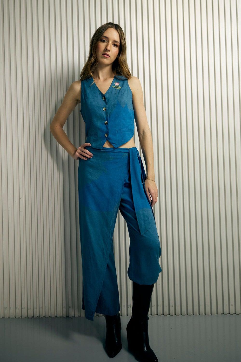 Blue Linen Overlap Wrap Pants – Viscose Blend - Image 1