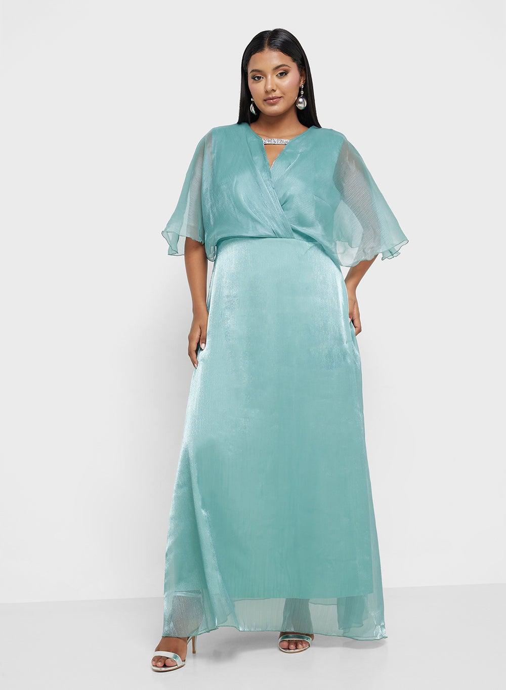 Teal Shimmer Wrap Maxi Dress Dxkc01 - Image 1
