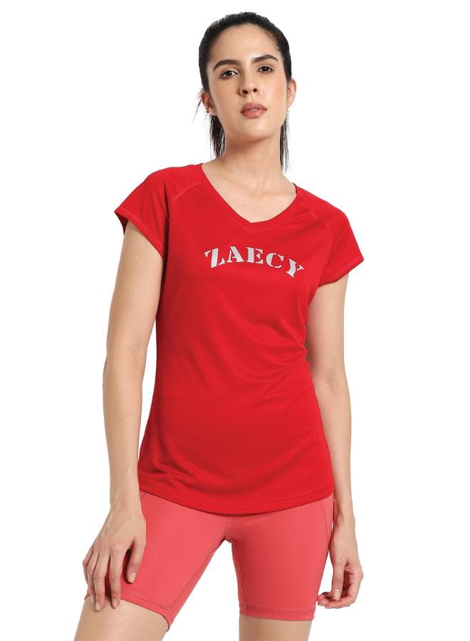 Women’s V-Neck Raglan Sports T-Shirt Red - Image 1