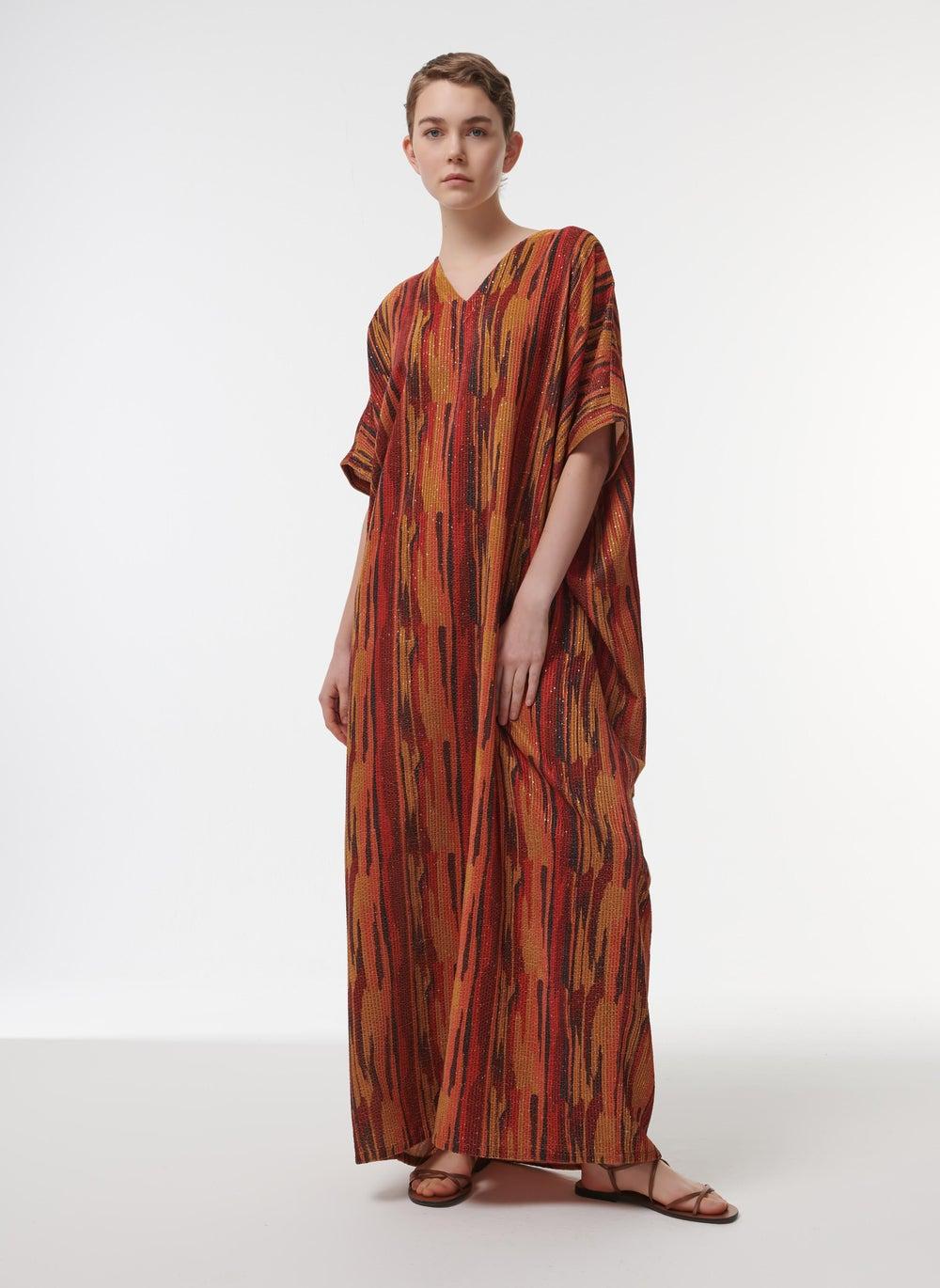 Embroidered V-Neck Kaftan in Textured Woven Fabric - Image 1