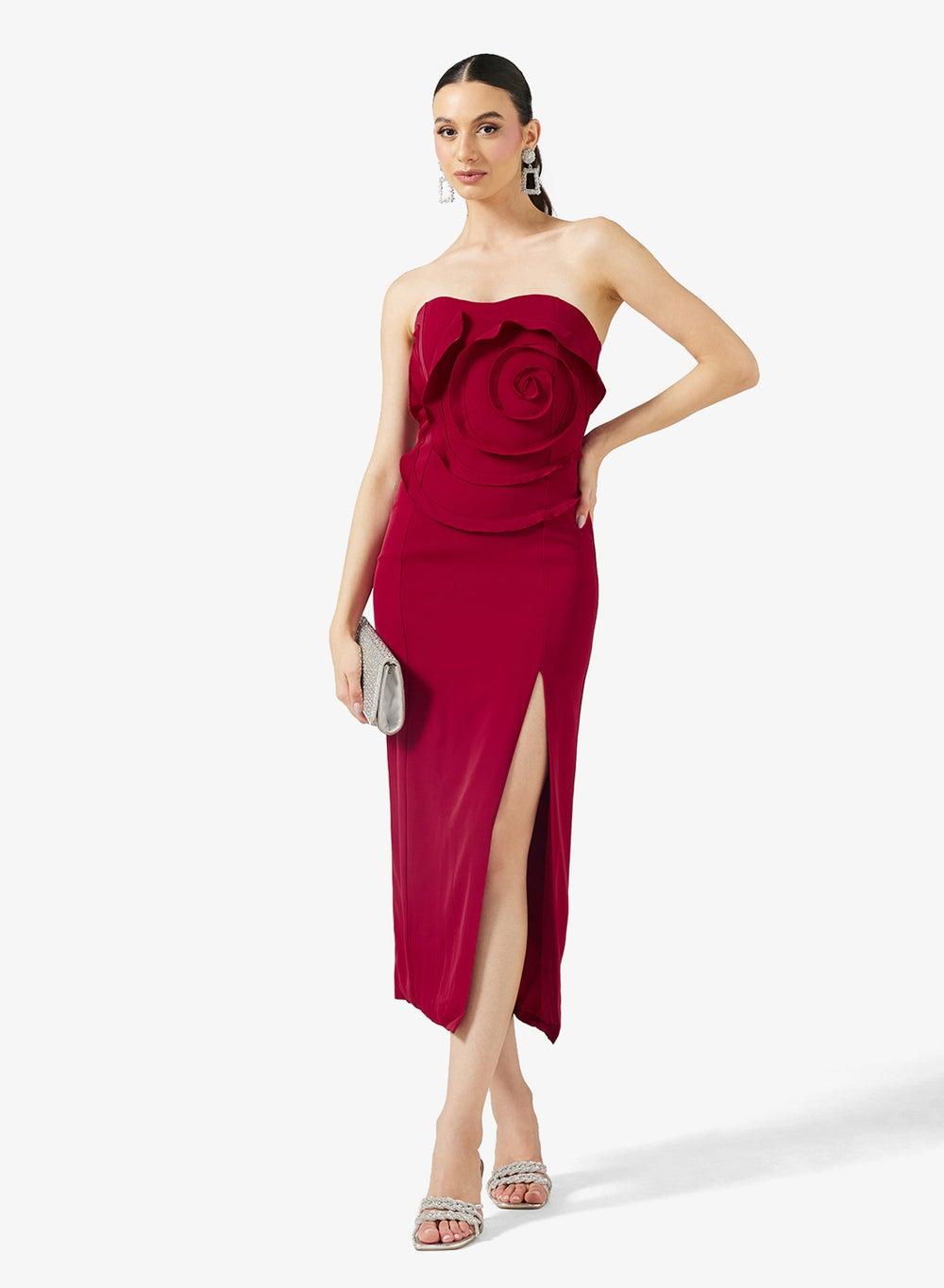 Ruby Red 3D Floral Statement Midi Dress Klhu170 - Image 1