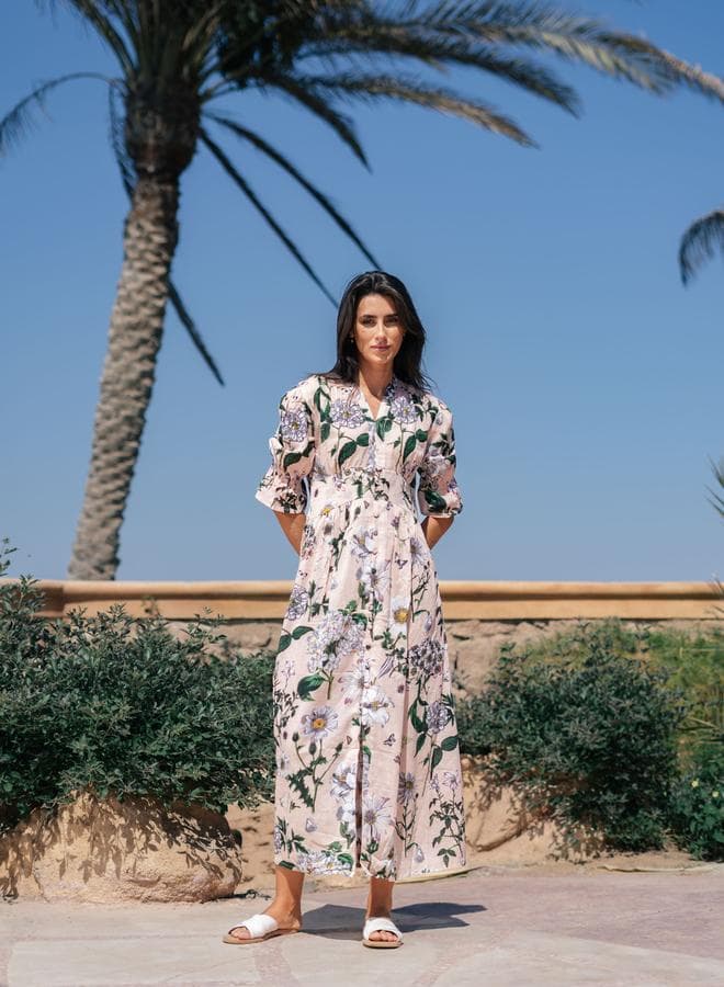 Sanskrutihomes Peach Floral Cotton Midi Shirt Dress - Image 1
