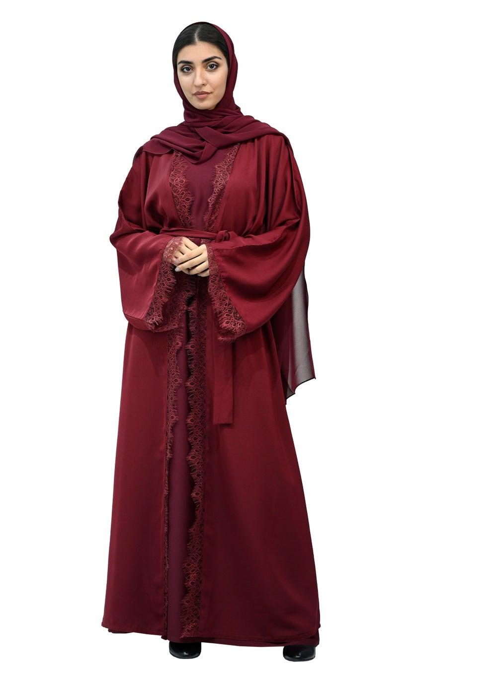 Burgundy Lace Abaya Set with Belt & Hijab 694 - Image 1