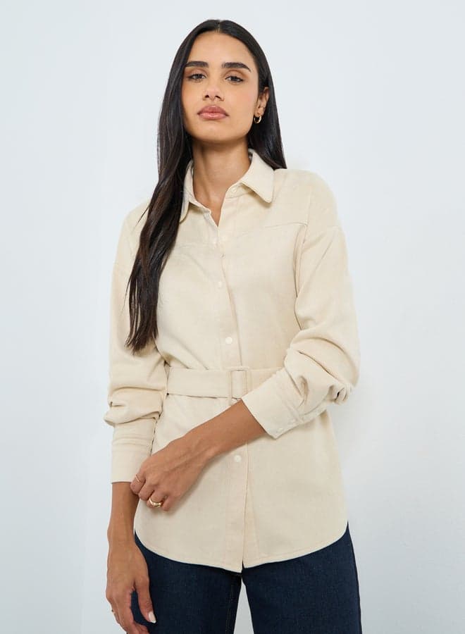 Styli Cream Relaxed Fit Belted Long Sleeve Shirt - Image 1