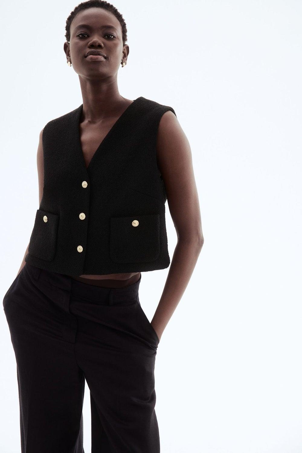 Black Bouclé Tailored Waistcoat with Button Front - Image 1