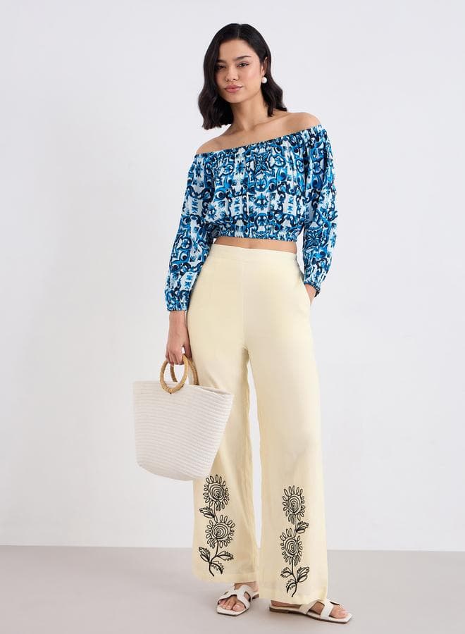 Cream Embroidered Wide Leg Cotton Trousers - Image 1