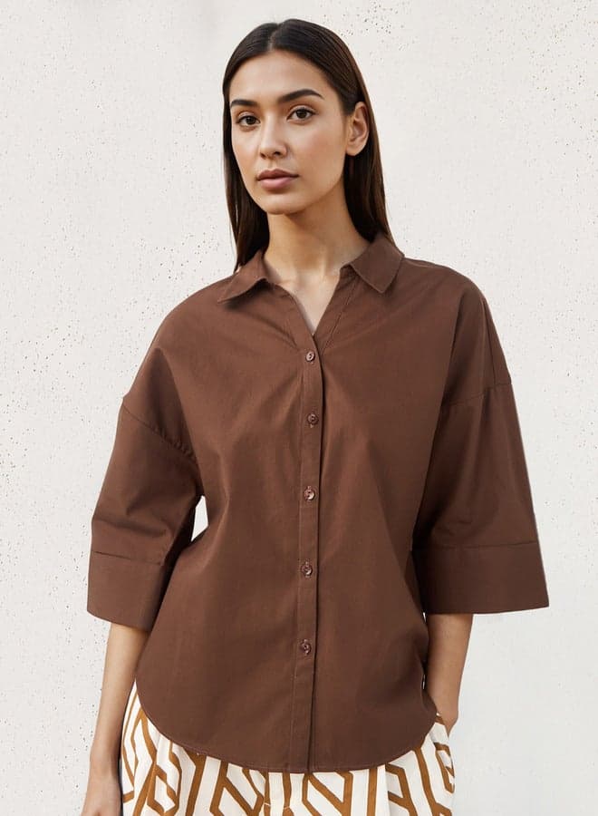 2Xtremz Brown Oversized 3/4 Sleeve Cotton Shirt - Image 1
