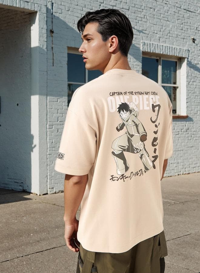 Beige One Piece Graphic Cotton Blend T-Shirt - Image 1