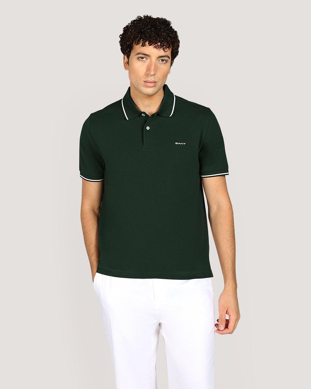 GANT Tipping Cotton Piqué Polo Shirt Tartan Green - Image 1