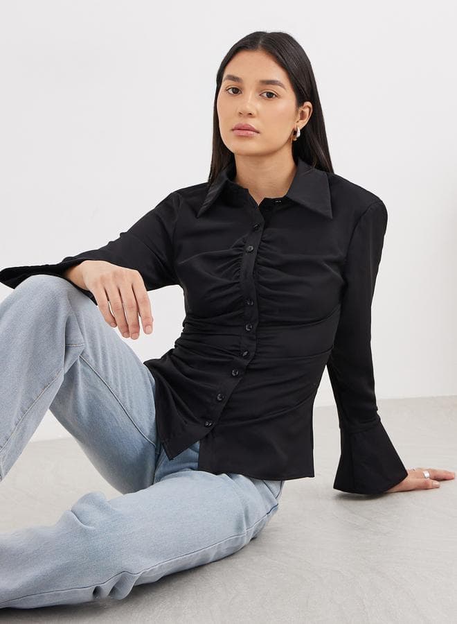 Styli Black Gathered Bell Sleeve Shirt - Image 1