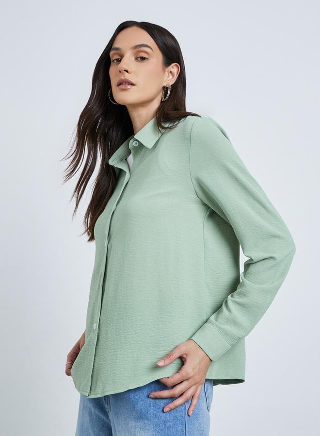 Women's Green Plain Collared Shirt Classic Fit - Image 1