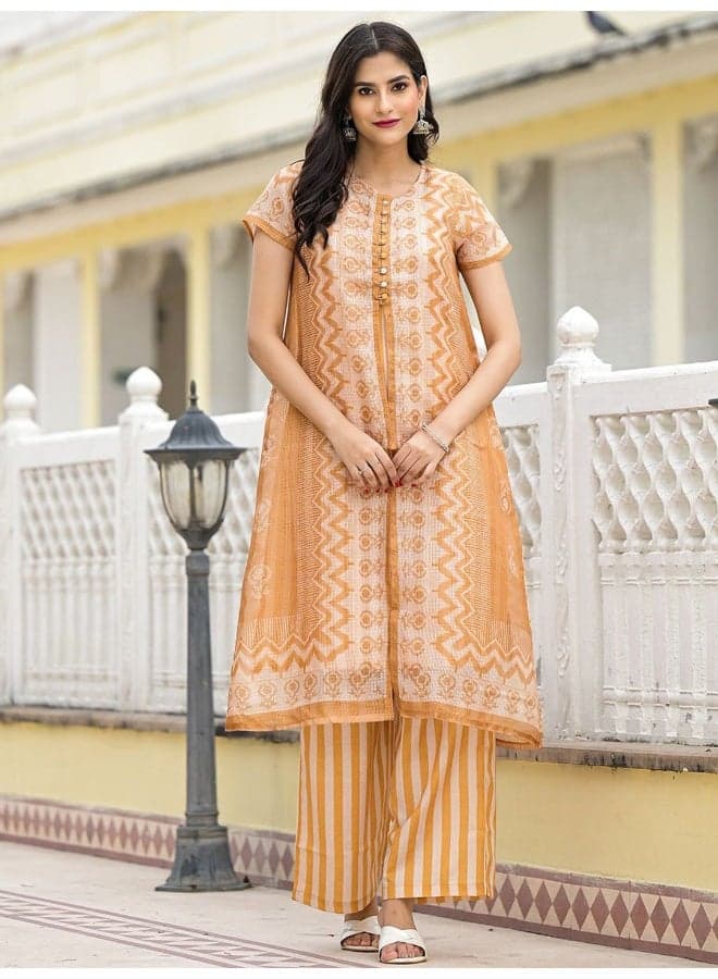 AKS Orange Printed Linen Kurta Set with Striped Palazzos - Image 1