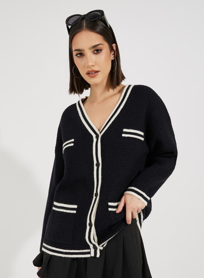 Longline V-Neck Cardigan with Contrast Stripes 7009469401 - Image 1