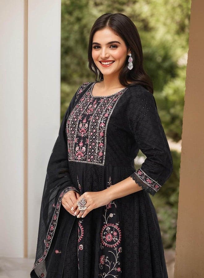 Black Cotton Embroidered A-Line Kurta Set for Women - Image 1