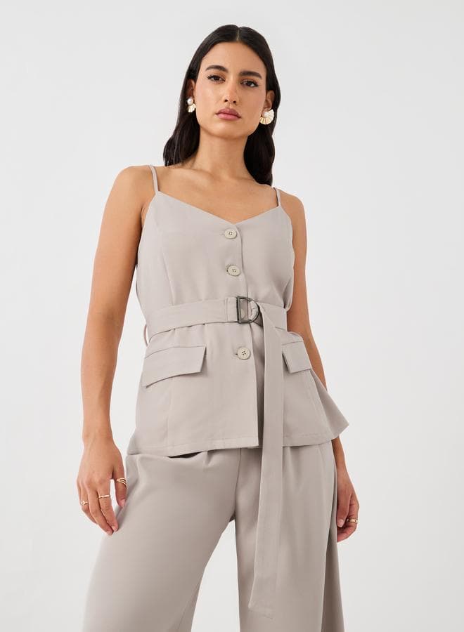 Styli Beige Strappy Belted Waistcoat Top - Image 1