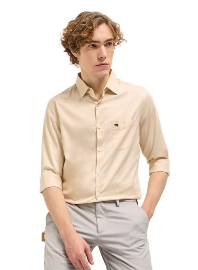 Men’s Beige Cotton Button-Down Shirt Classic Long Sleeve - Image 1