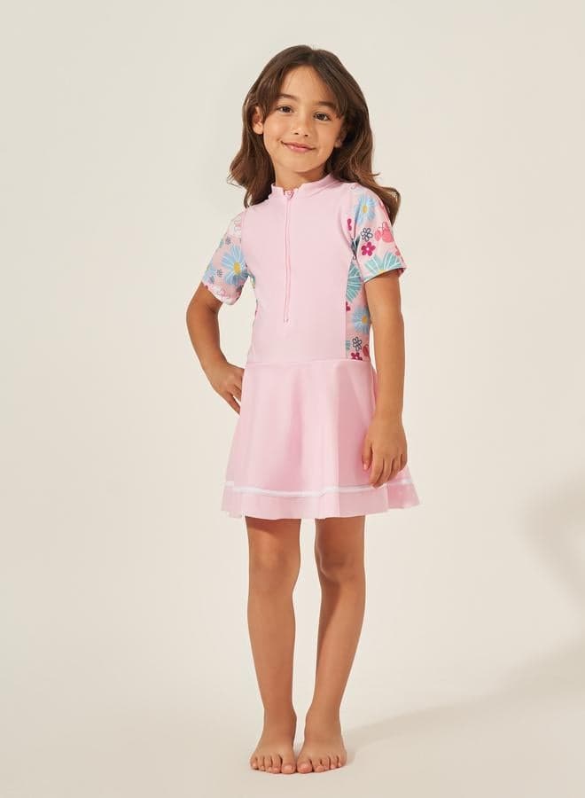 Girls Pink Floral Short Sleeve Swimsuit - Image 1